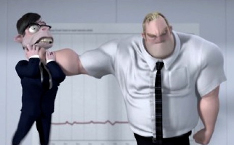 Physical conflict between Mr Incredible and his boss. The physical conflict was started by verbal conflict in this scene.